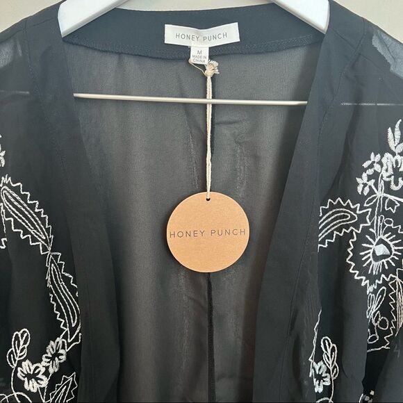 Honey Punch Sheer Embroidered Kimono Womens Medium Black Boho Festival Artsy - Picture 3 of 5
